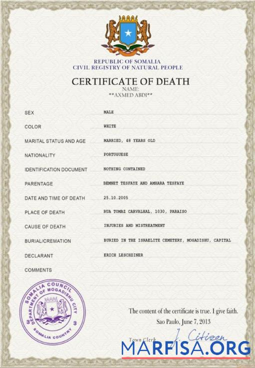 Downloadable Somalia vital record death certificate PSD template